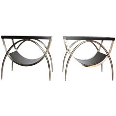 Pair of Modern Chrome and Wood, Glass End Tables