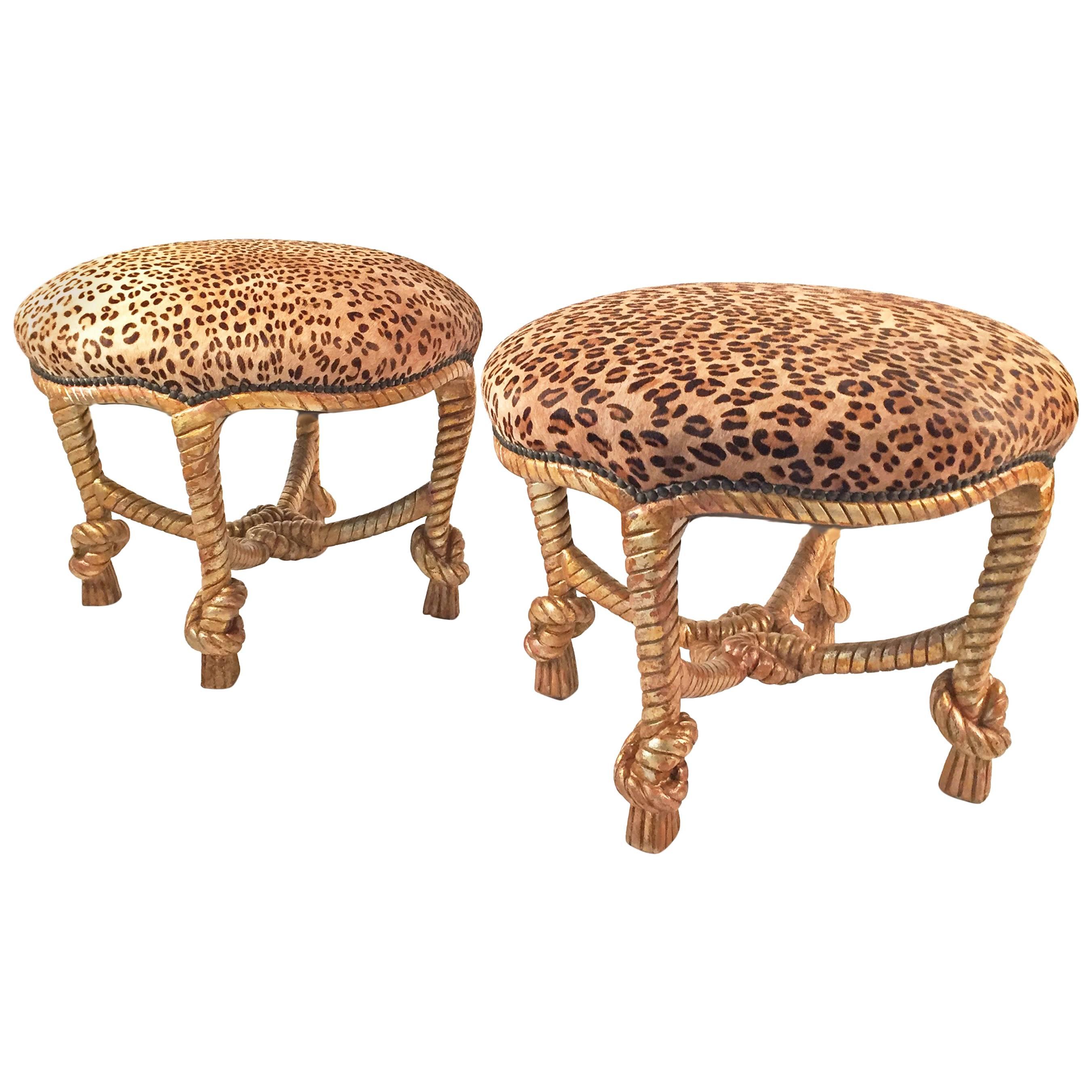 Pair of Matching Leather and Carved Wood Stools