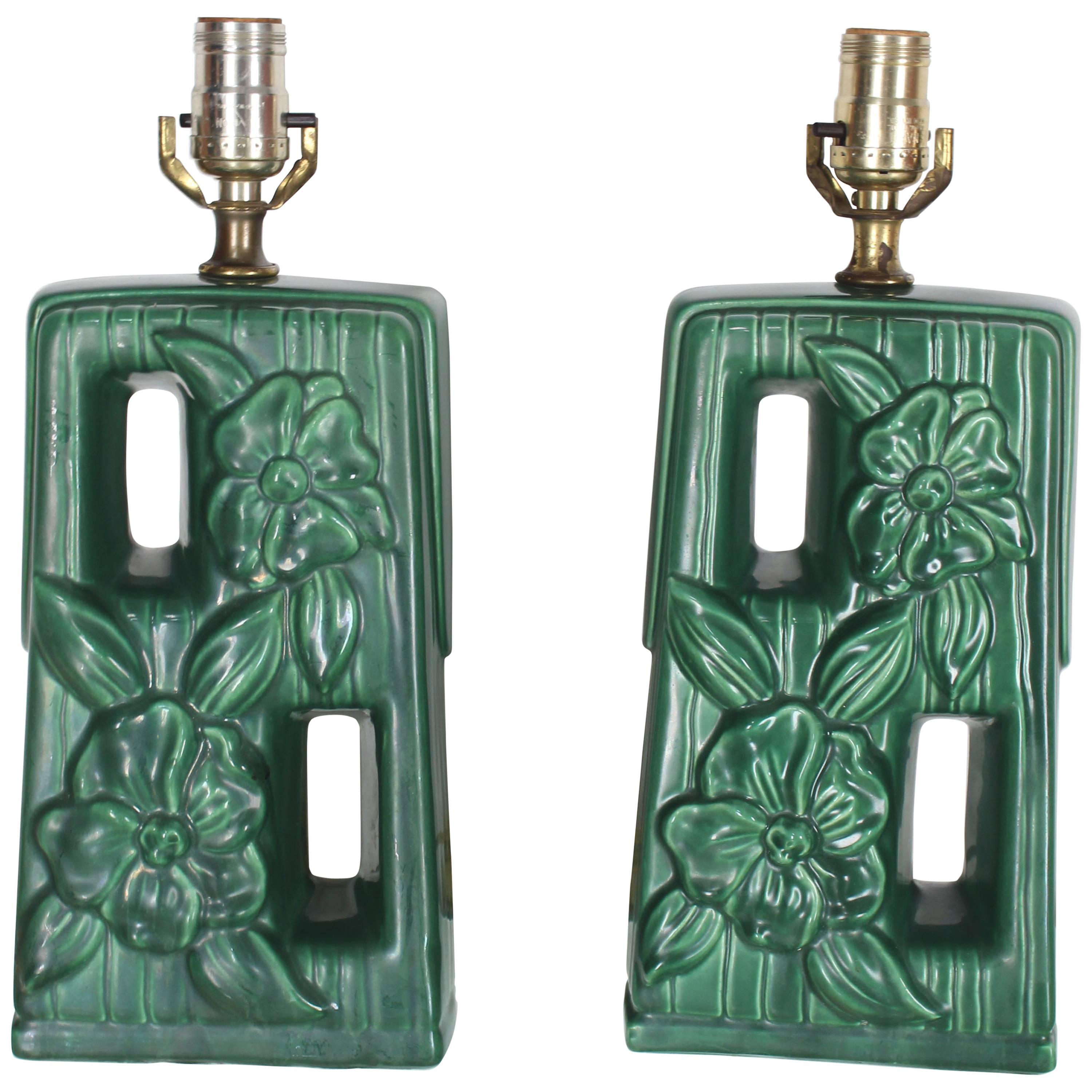 Pair of Green Glazed Pottery Ceramic Table Lamps with Floral Motif