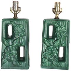 Pair of Green Glazed Pottery Ceramic Table Lamps with Floral Motif 8
