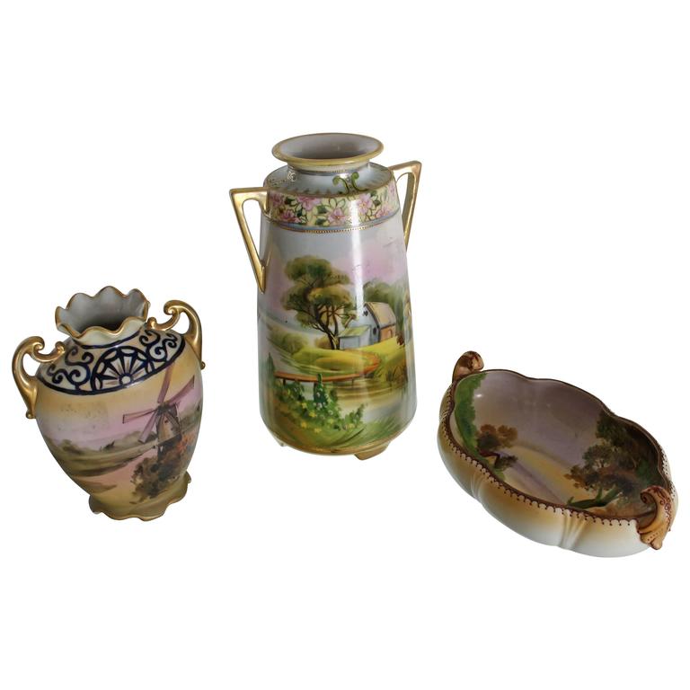 Nippon HandPainted Porcelain Vases and Bowl Three Pieces Porcelain Group For Sale at 1stdibs