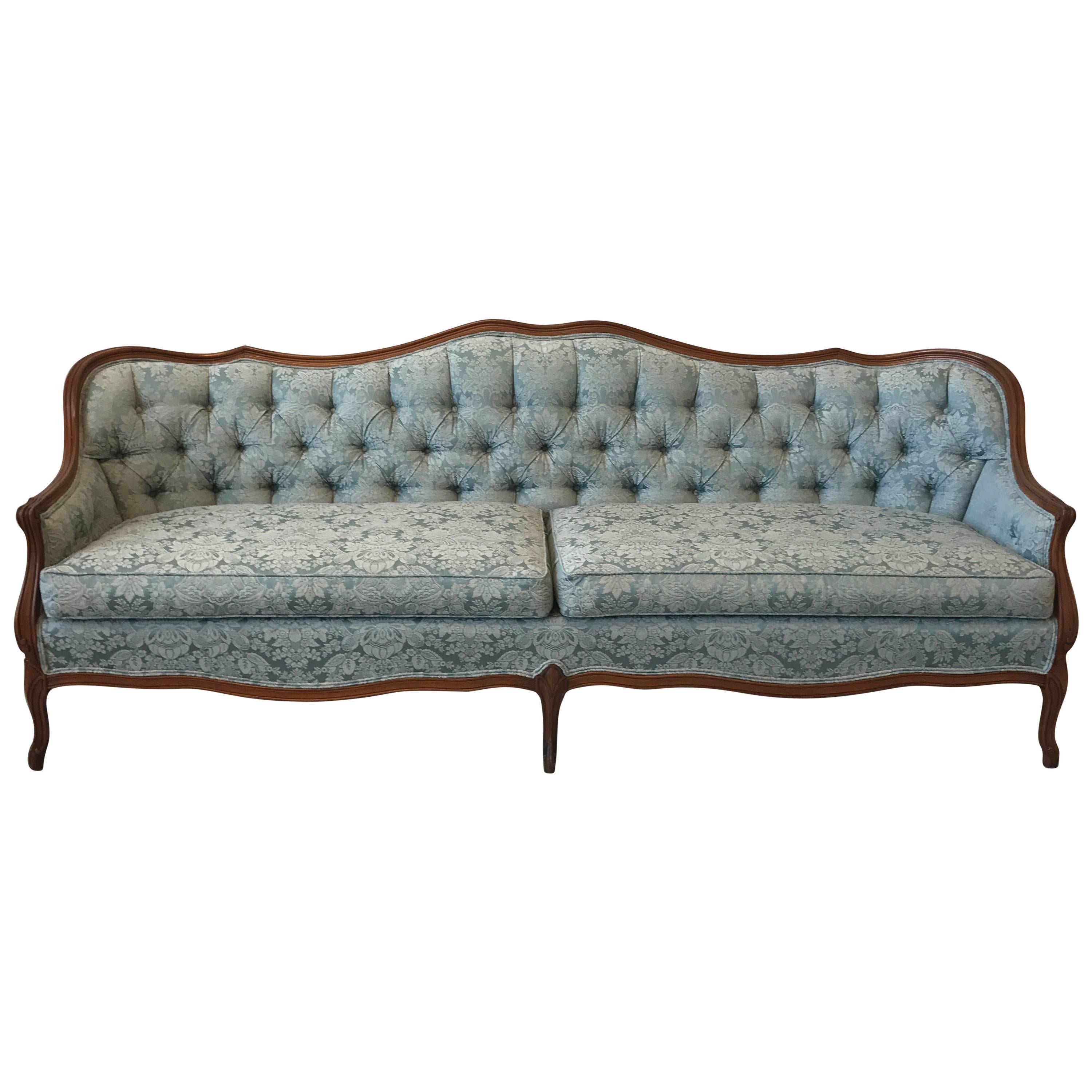 1940s French Blue Damask Tufted Sofa with Oak Frame Border