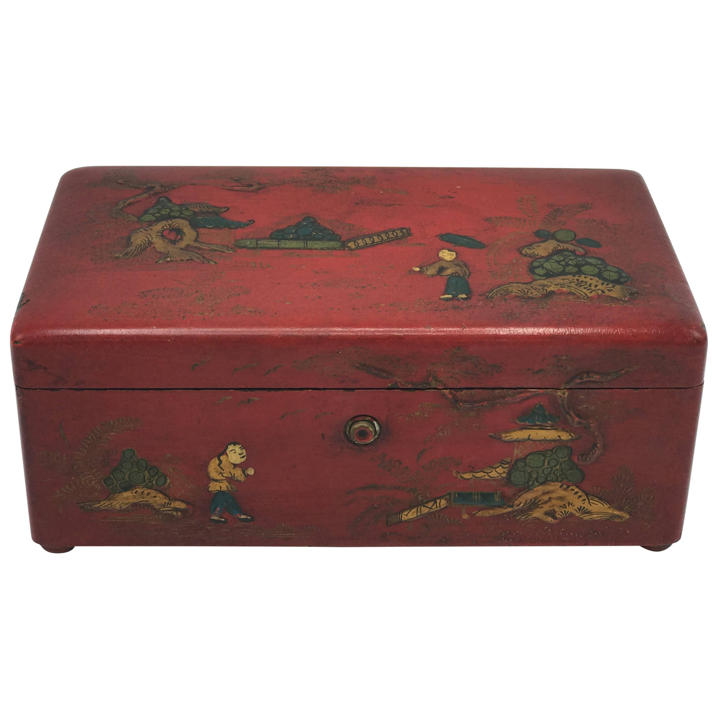 19th Century Chinese Red Lacquered Humidor Decorative Box