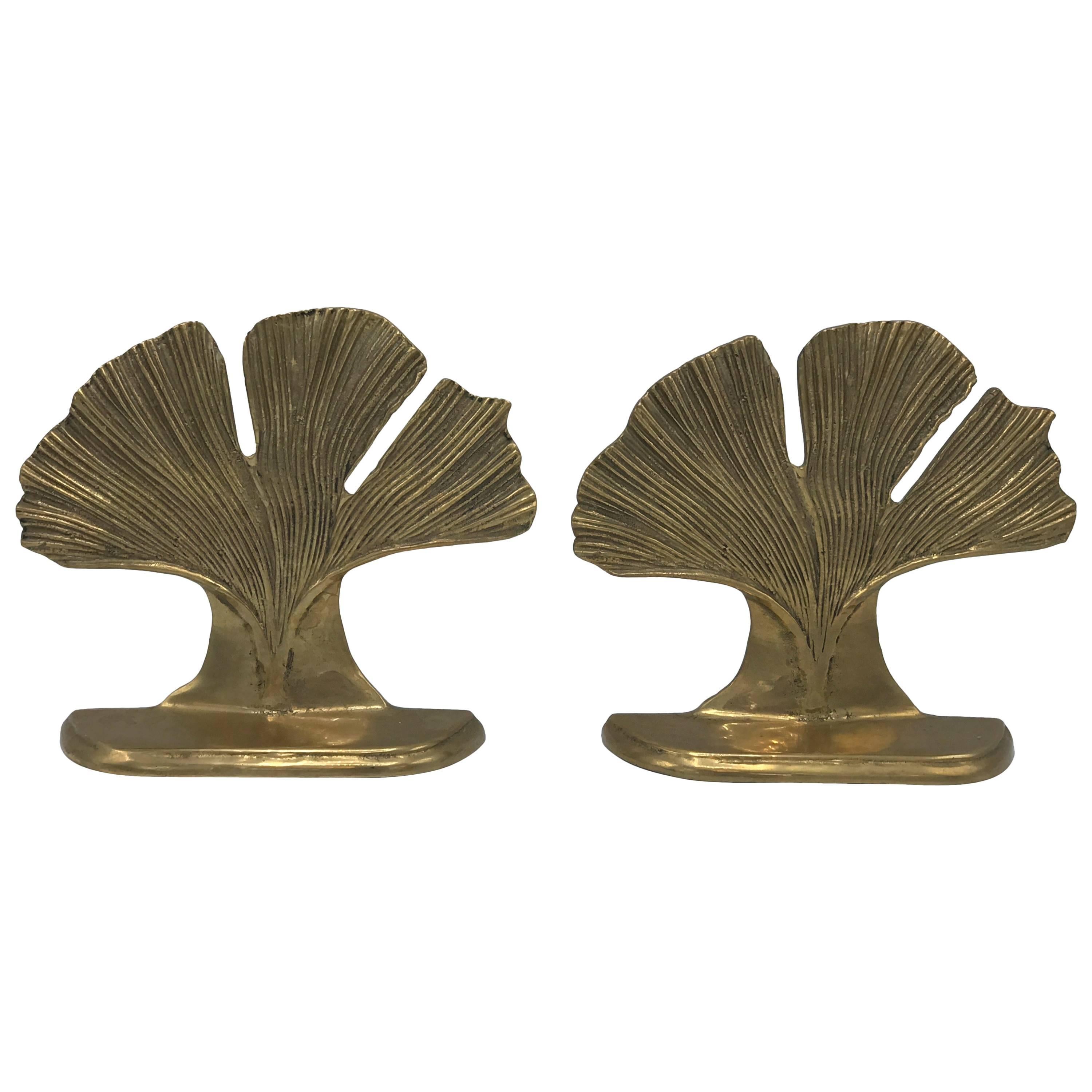 1960s Brass Ginkgo Leaf Bookends, Pair