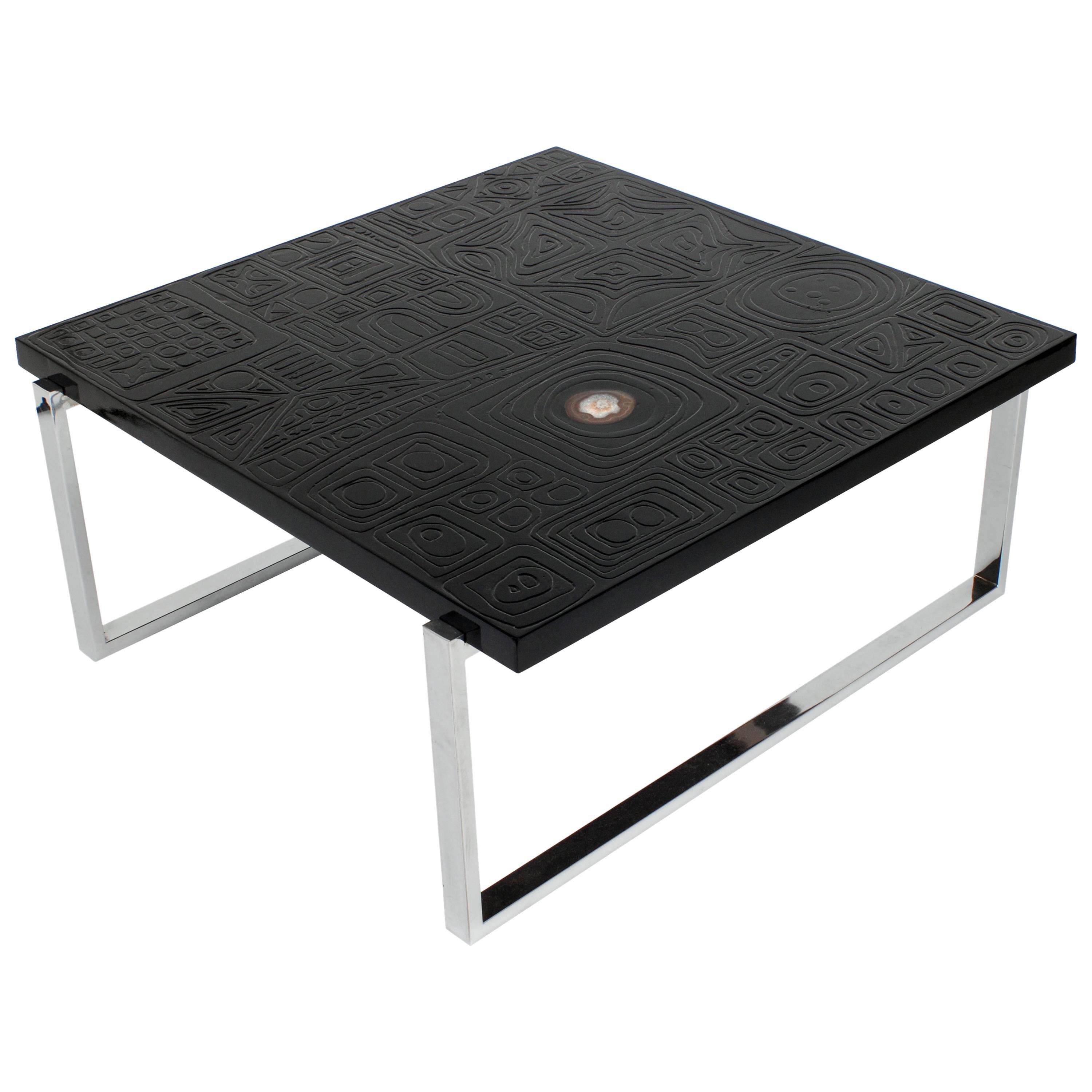 Square Coffee Table in Black Resin Inlay Agate For Sale