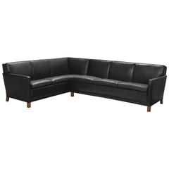 Danish Corner Sofa in Leather and Wood