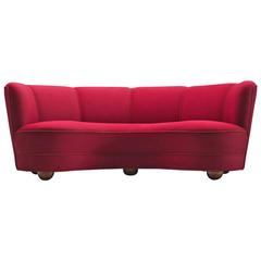 Art Deco Curved Settee in Red Fabric