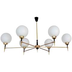 Large Linear French Glass Globes and Brass Chandelier, Stilnovo Style Light