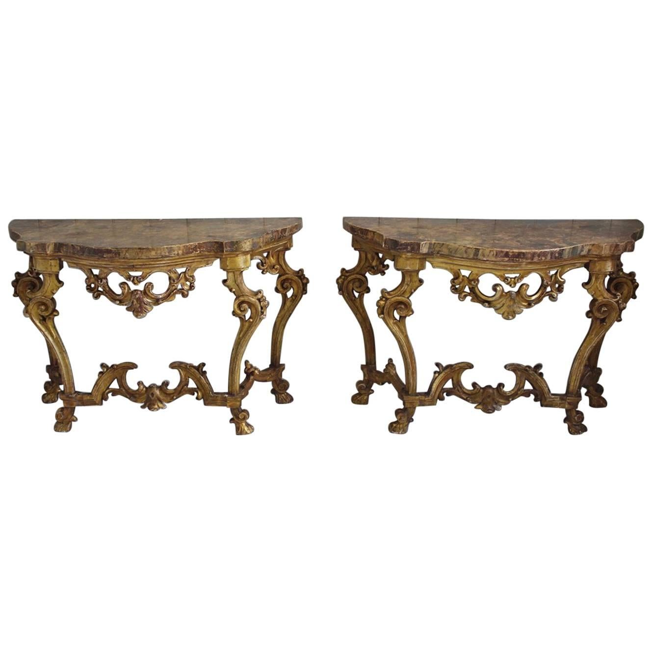 Pair of Italian Rococo Giltwood and Faux Marble Console Tables, 19th Century