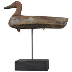 Antique Folk Art Wooden Decoy Duck on Stand with Distressed Paint