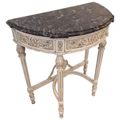 Romantic French Painted Wood and Marble Demilune Console Table