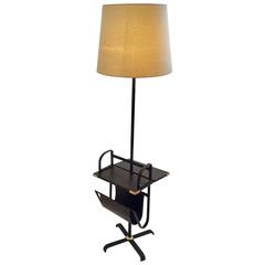 Jacques Adnet 1950s Black Floor Lamp with a Rotating Table and Magazine Rack 10