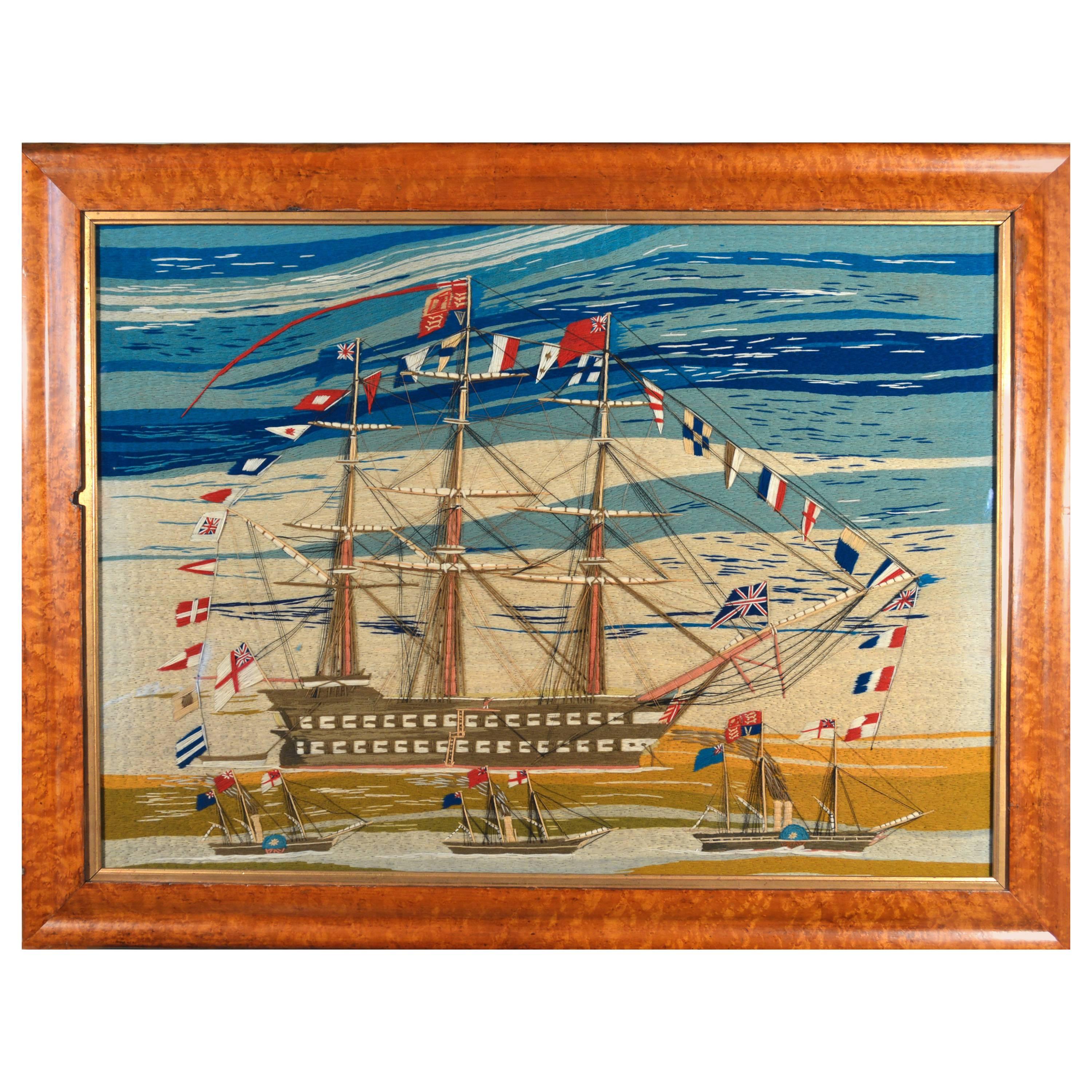 Sailor's Woolwork of Four Ships Including Fully Dressed Battle Ship, circa 1865