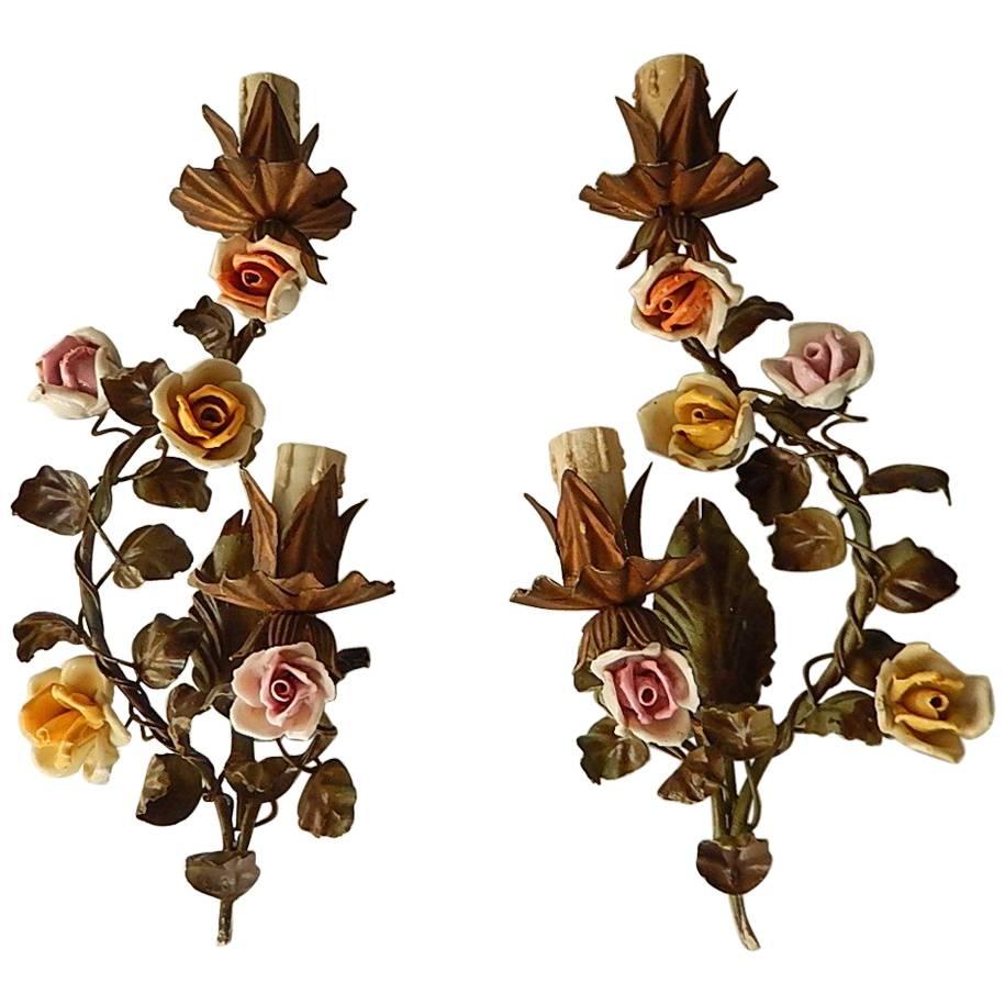 1890 French Double Arm Old Vintage Tole Porcelain Roses Flowers Sconces