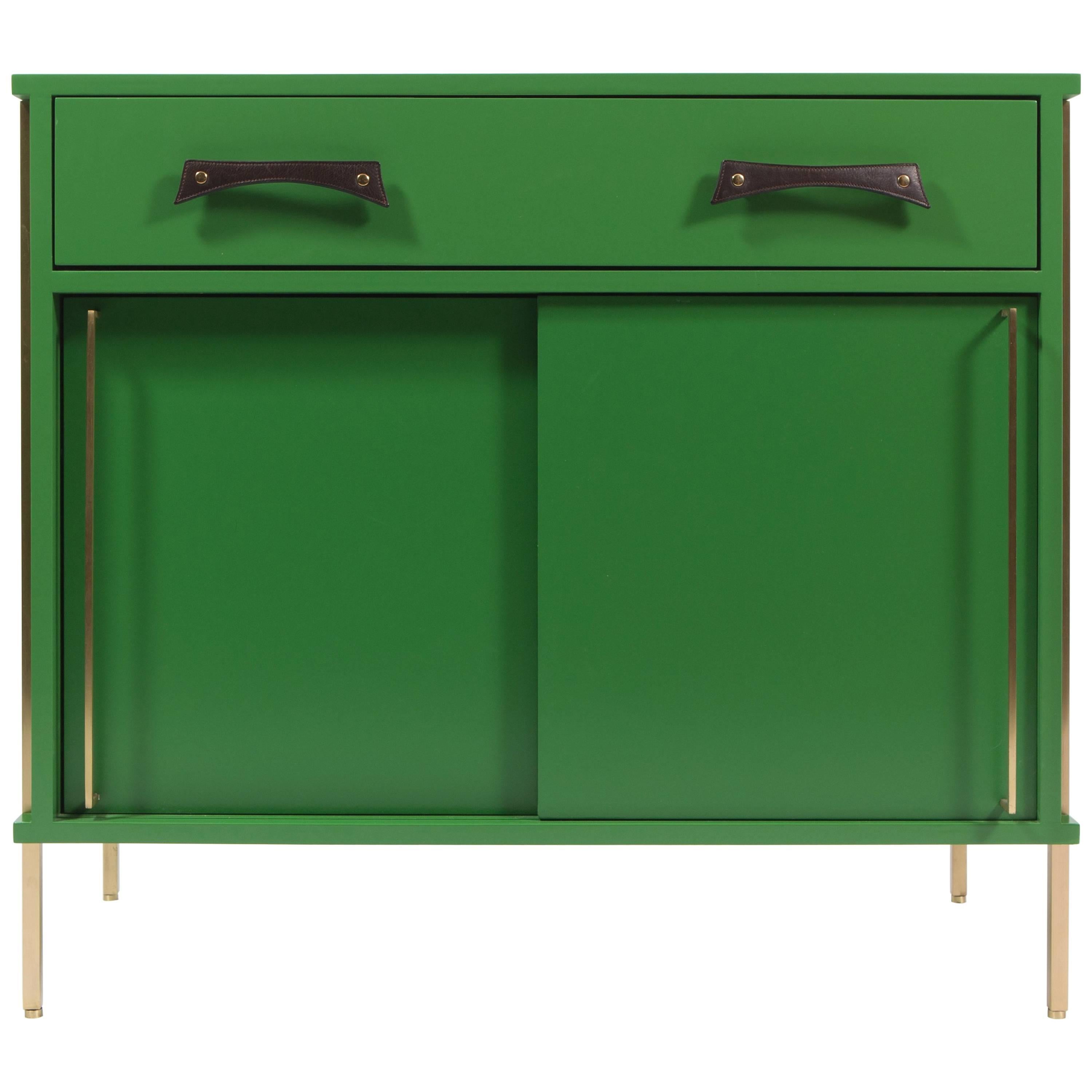 Grass Green Sliding Door Cabinet with Brass Legs and Leather Handles For Sale