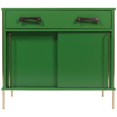 Grass Green Sliding Door Cabinet with Brass Legs and Leather Handles
