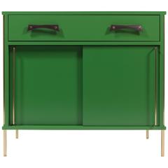 Grass Green Sliding Door Cabinet with Brass Legs and Leather Handles 6