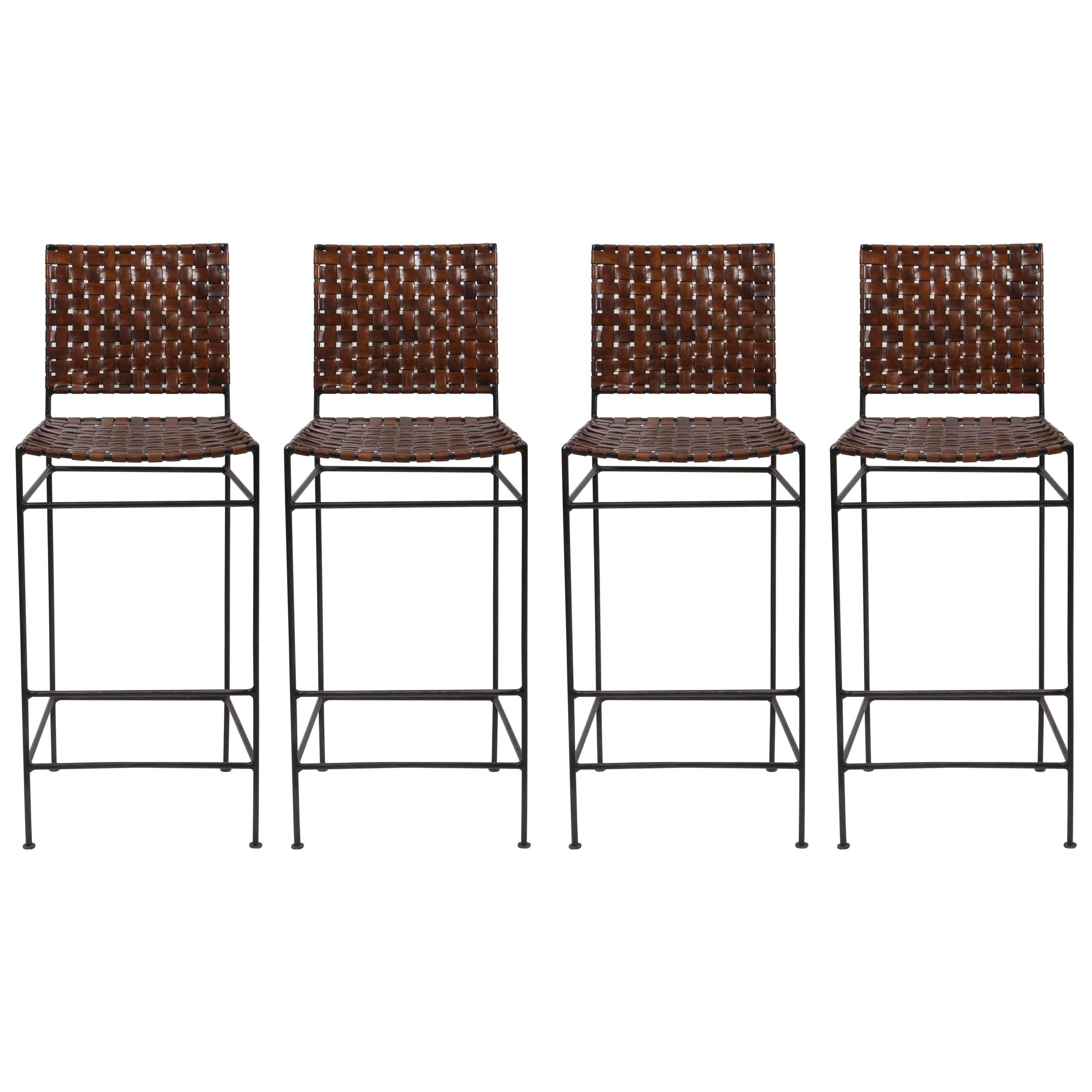 Set of Four Iron and Leather Bar Stools