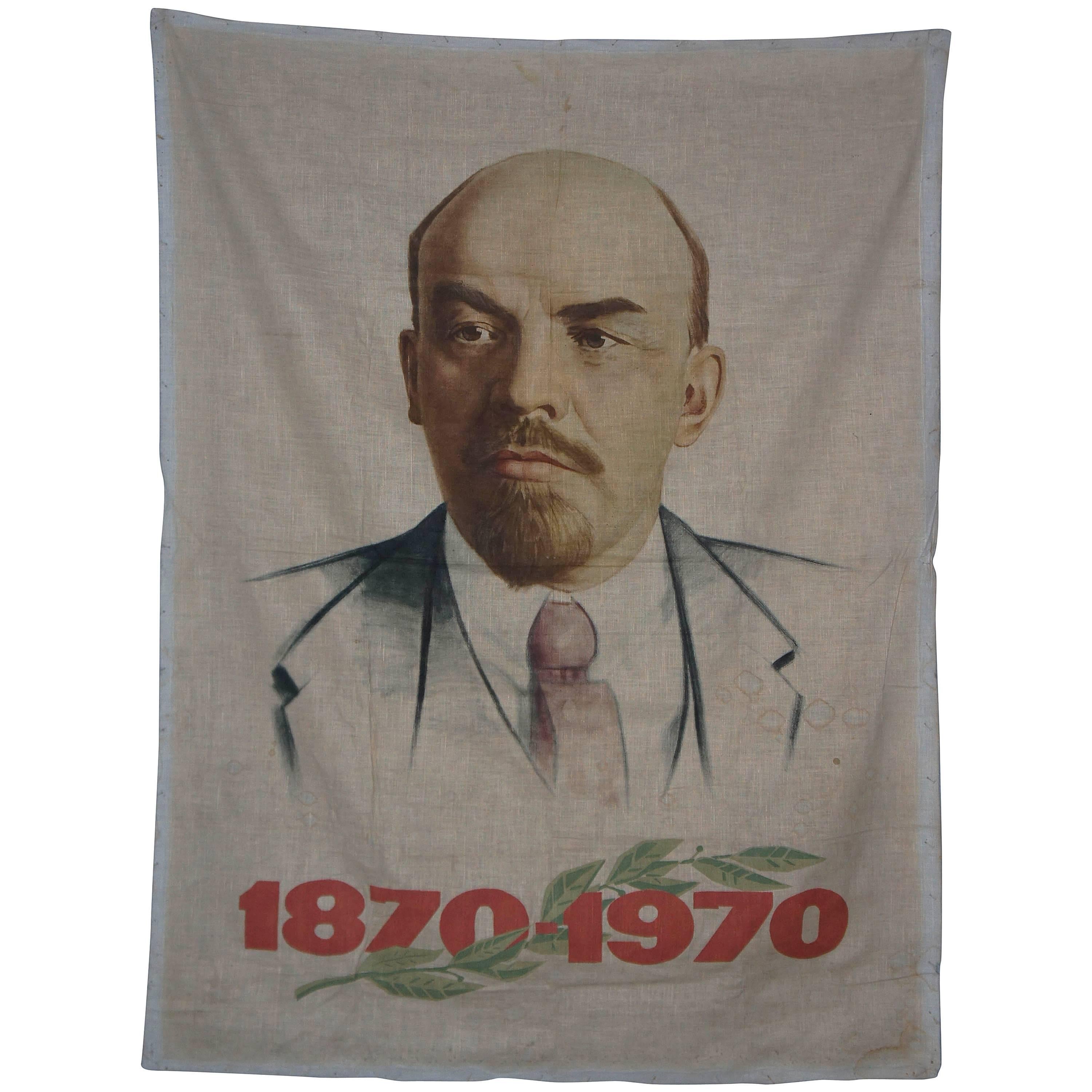 Hand-Painted Bust of Lenin on Fabric, Soviet Propaganda