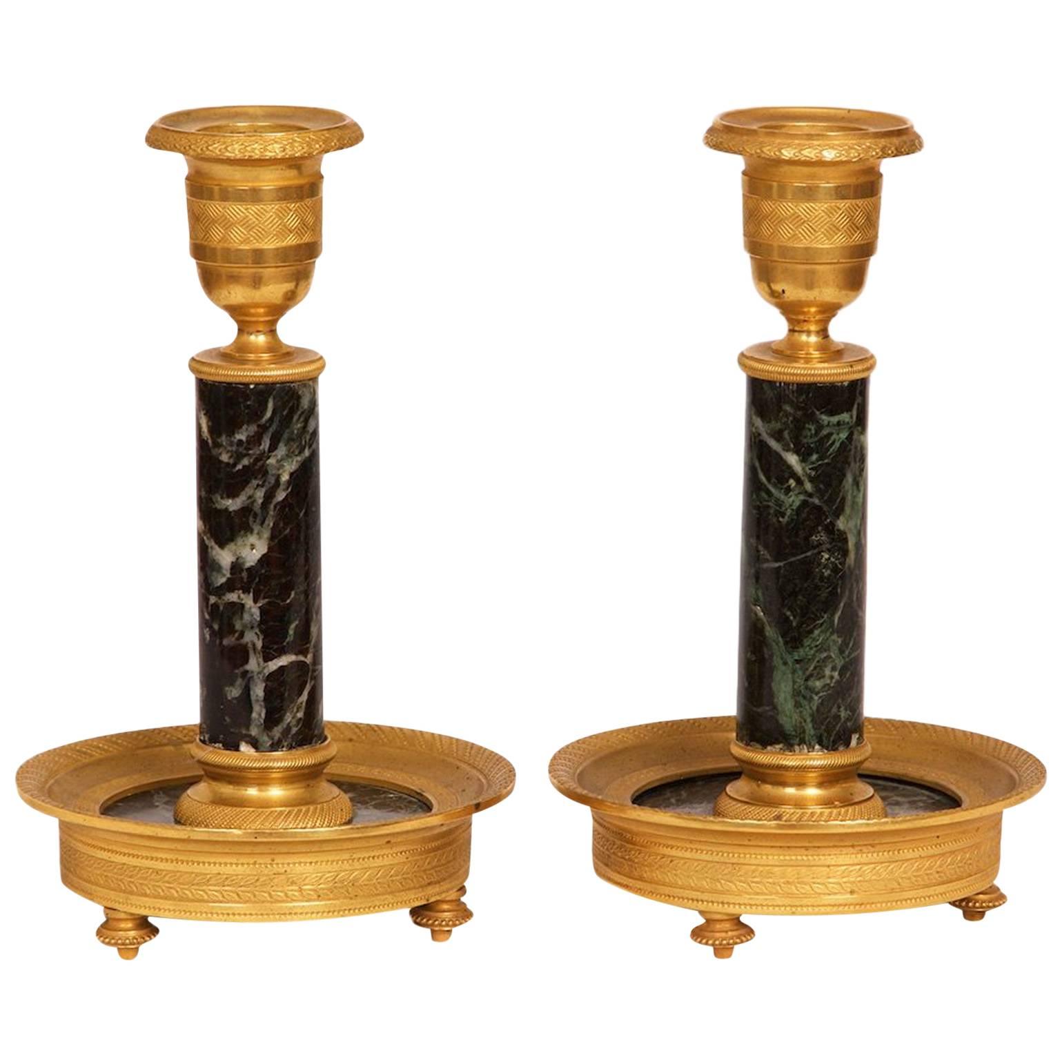 Pair of Gilt Brass and Marble Candlesticks, circa 1880, France For Sale
