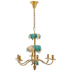 1960s French Decorated Brass Palm Chandelier by Bagues