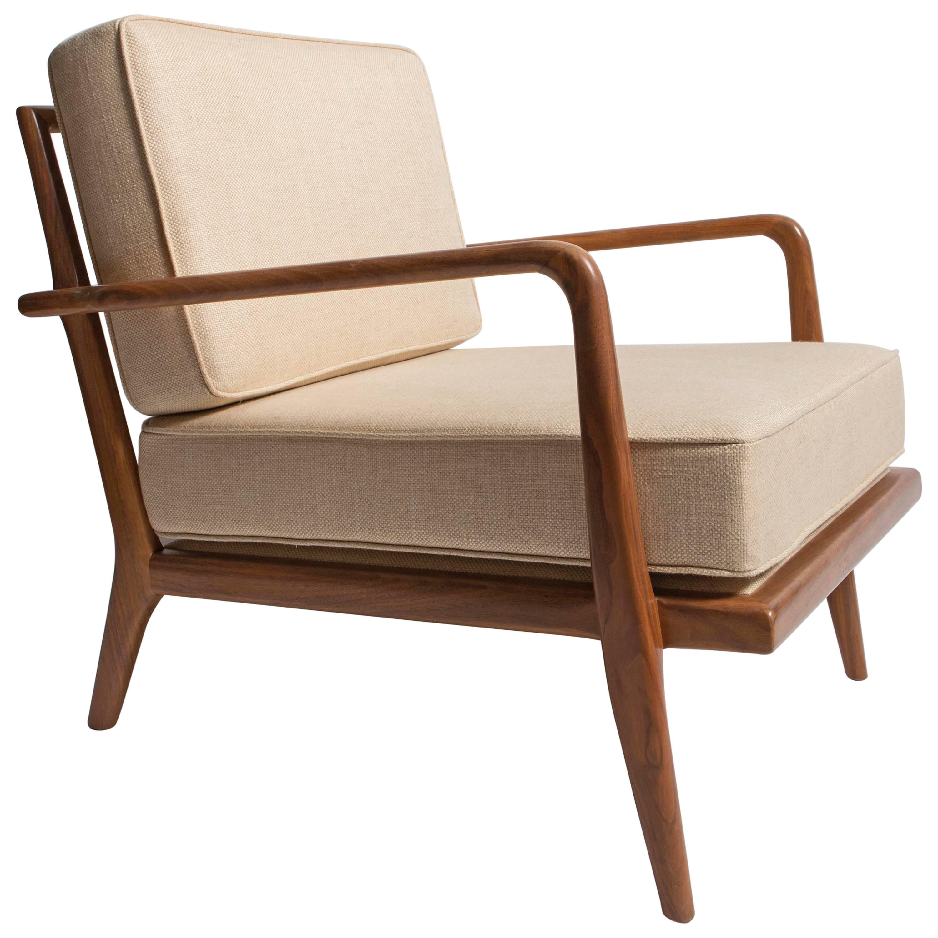 Vintage, 1950s, Solid Walnut Mel Smilow Railback Lounge Chair in Cream Linen For Sale