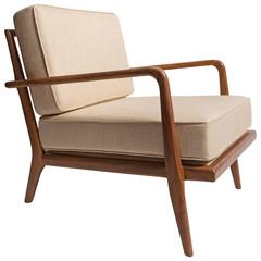 Vintage, 1950s, Solid Walnut Mel Smilow Railback Lounge Chair in Cream Linen