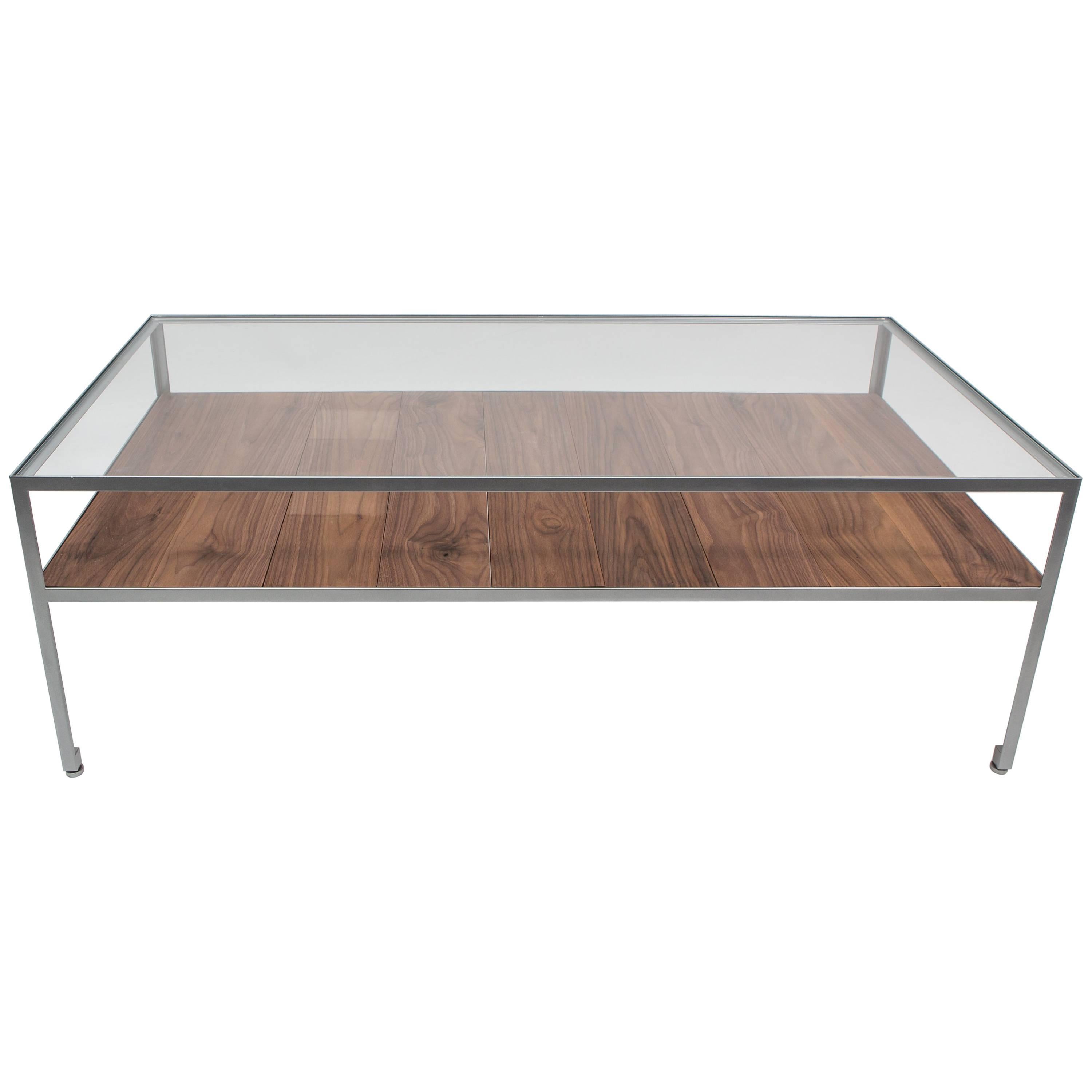 Angle Steel Coffee Table with Nickel Frame, Glass Top and Walnut Slats For Sale