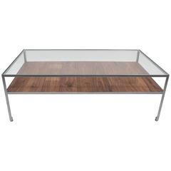 Angle Steel Coffee Table with Nickel Frame, Glass Top and Walnut Slats