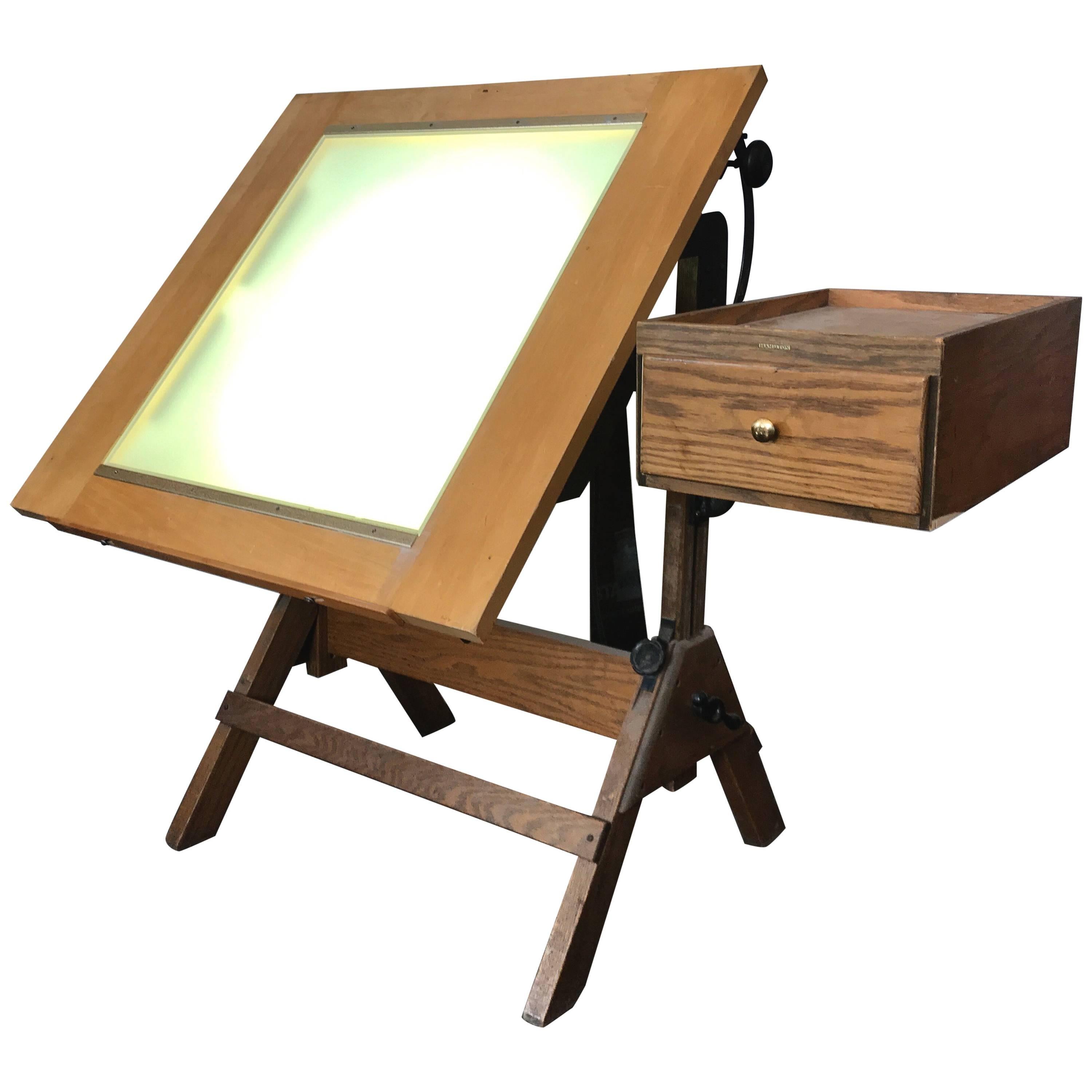 Rare Hamilton Lightbox Drafting Table and Drawer Cast Iron and Oak