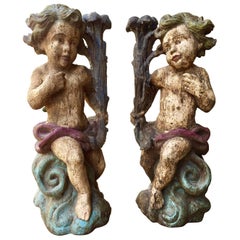 Large 18th Century French Carved Wood Polychrome Putti Angels Candlesticks