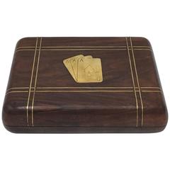 Vintage 1950s Walnut and Brass Inlay Decorative Playing Card Box