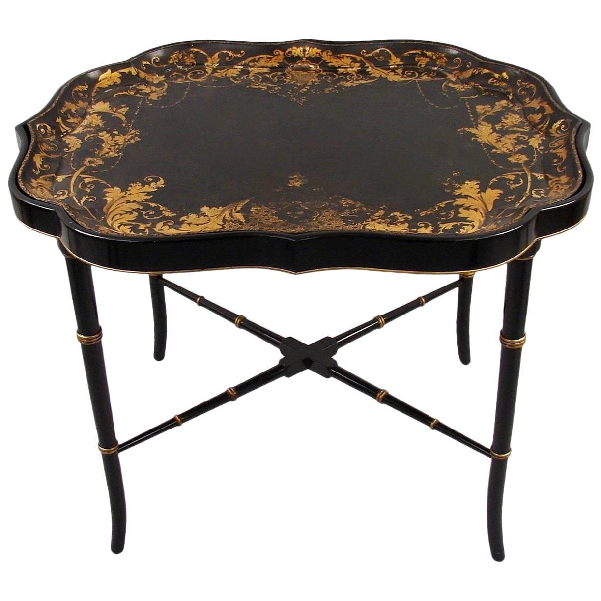 English Victorian Scalloped Edge Gilt and Papier Mache Tray on Stand
