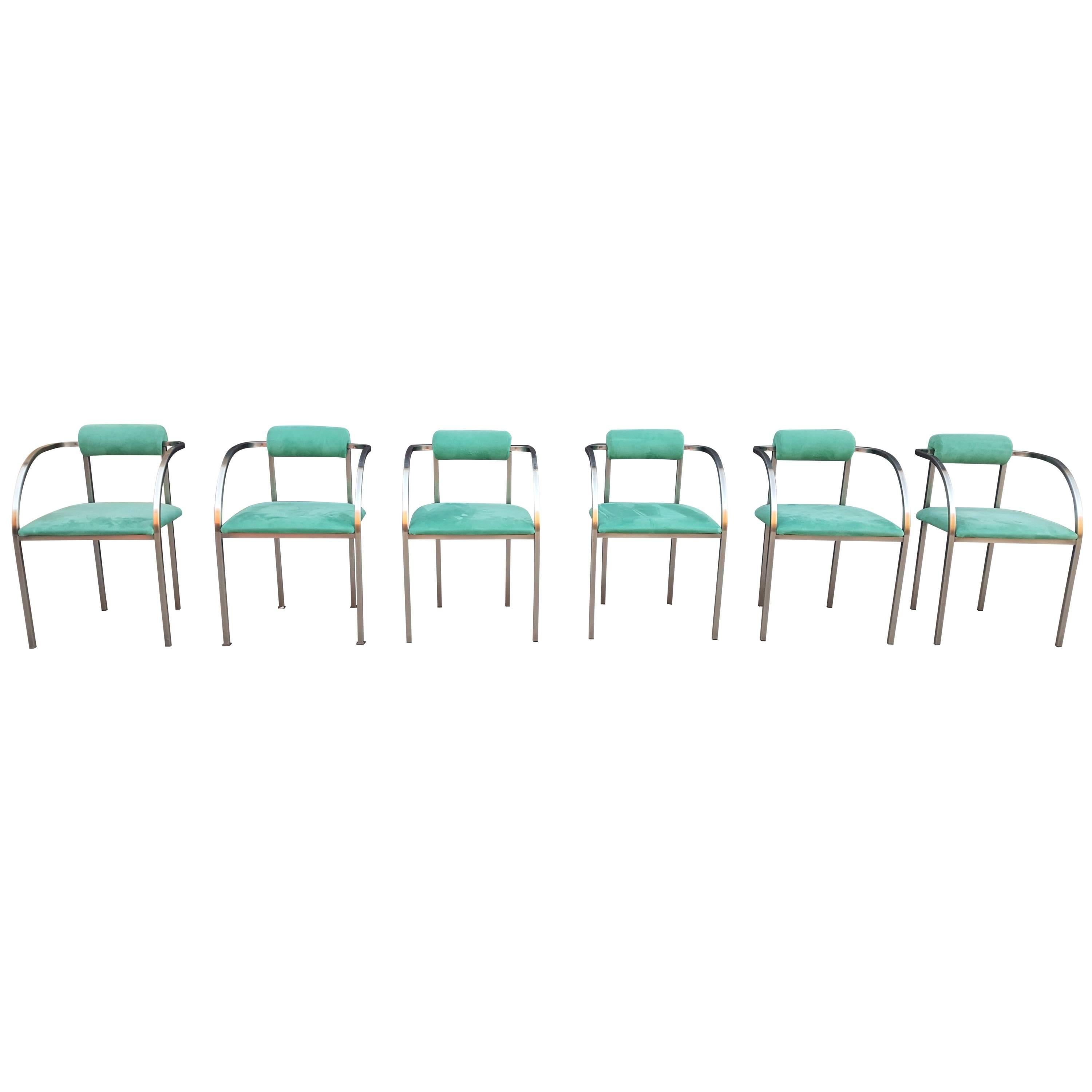 Set of Six Belgo Chrome Chairs in Stainless Steel en Velvet Green Color For Sale