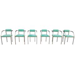 Set of Six Belgo Chrome Chairs in Stainless Steel en Velvet Green Color