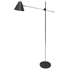 1950s Floor Lamp with Chrome Stem and Black Adjustable Shade