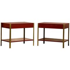 Pair of 'Laque' Oxblood Lacquer and Brass Nightstands by Design Frères