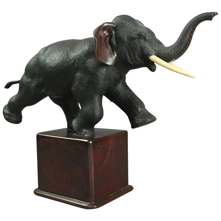 Antique Meiji Japanese Bronze Elephant Sculpture on Marble Base, circa 1890 at 1stDibs