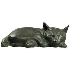 Antique French Barye School Bronze Recumbent Cat Sculpture, circa 1900