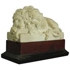 French Barye School Carved Alabaster Recumbent Lion Sculpture, circa 1890