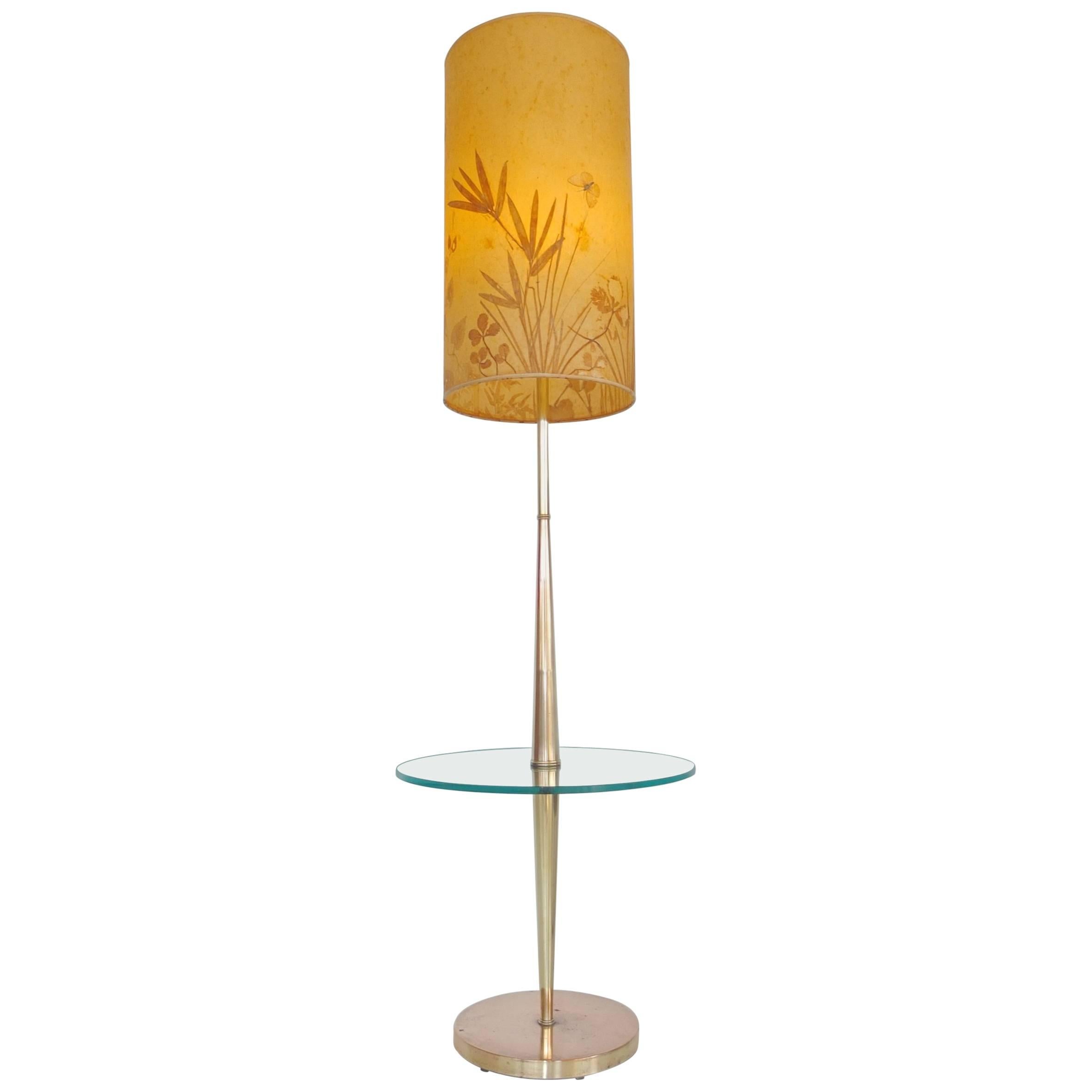 Vintage Tapered Brass Floor Lamp with Integrated Glass Table For Sale