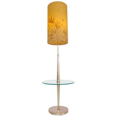 Vintage Tapered Brass Floor Lamp with Integrated Glass Table with Parchment Shad