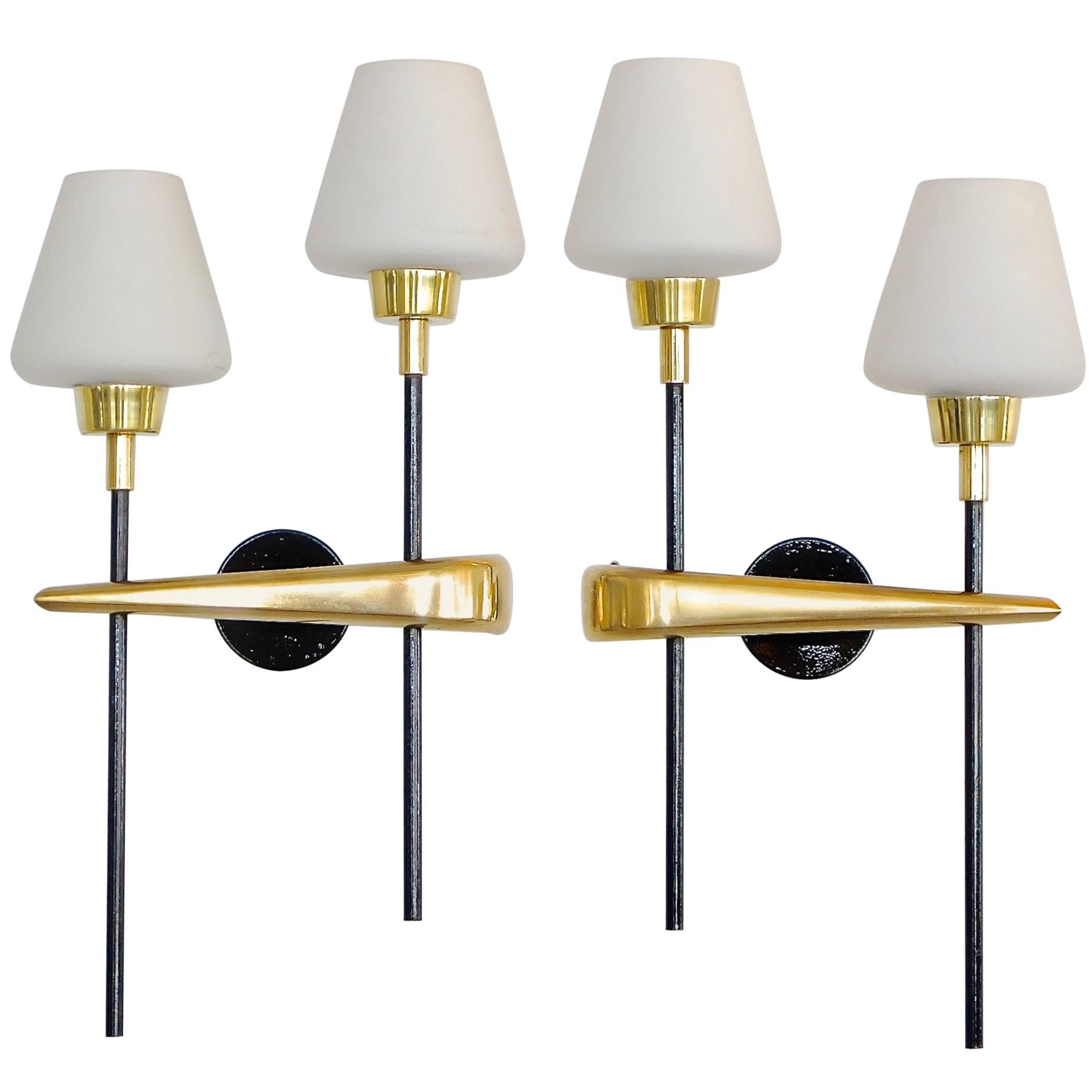 Pair of Brass and Iron Two-Light Sconces by Arlus