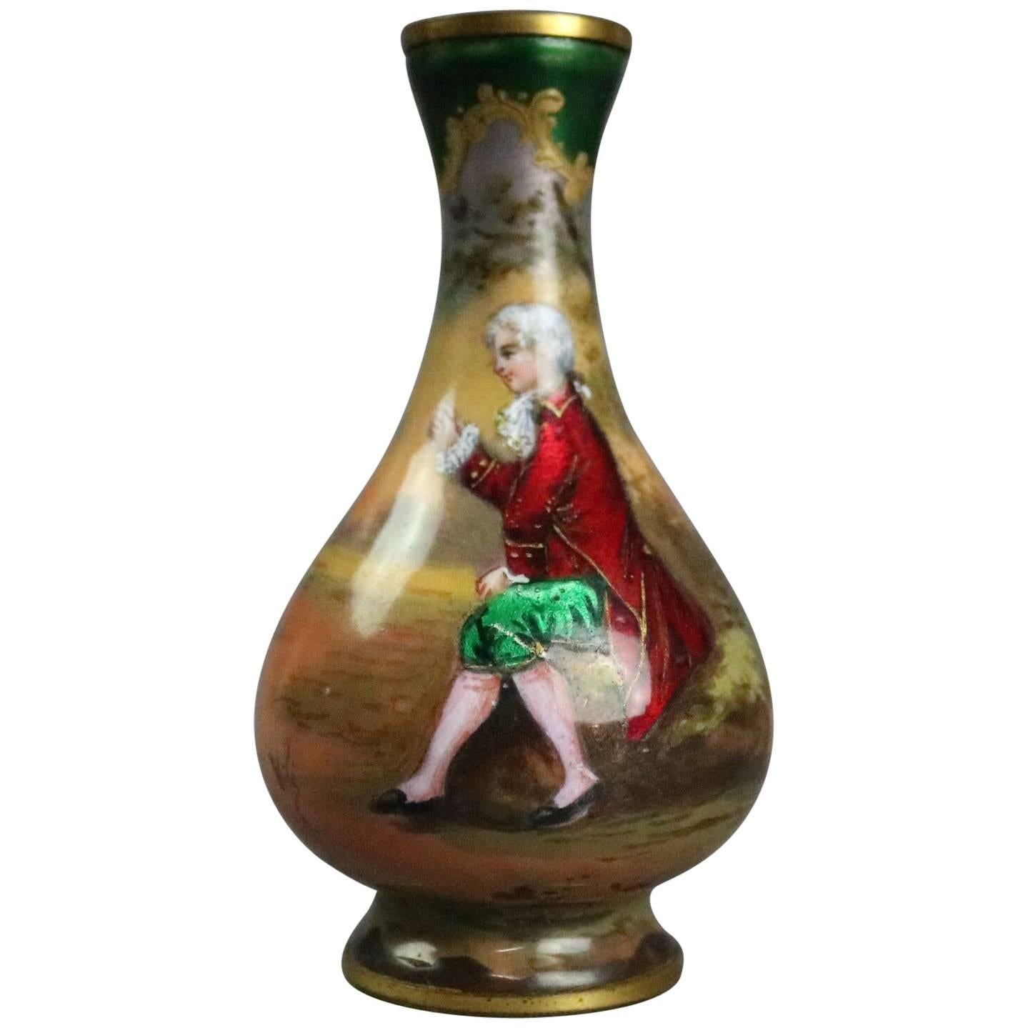 Antique French Enamel on Copper Portrait Cabinet Vase, Signed Vile, circa 1880