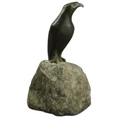 Antique Bronze Sculpture of Falcon Seated on Rock by C. Reussner, circa 1930