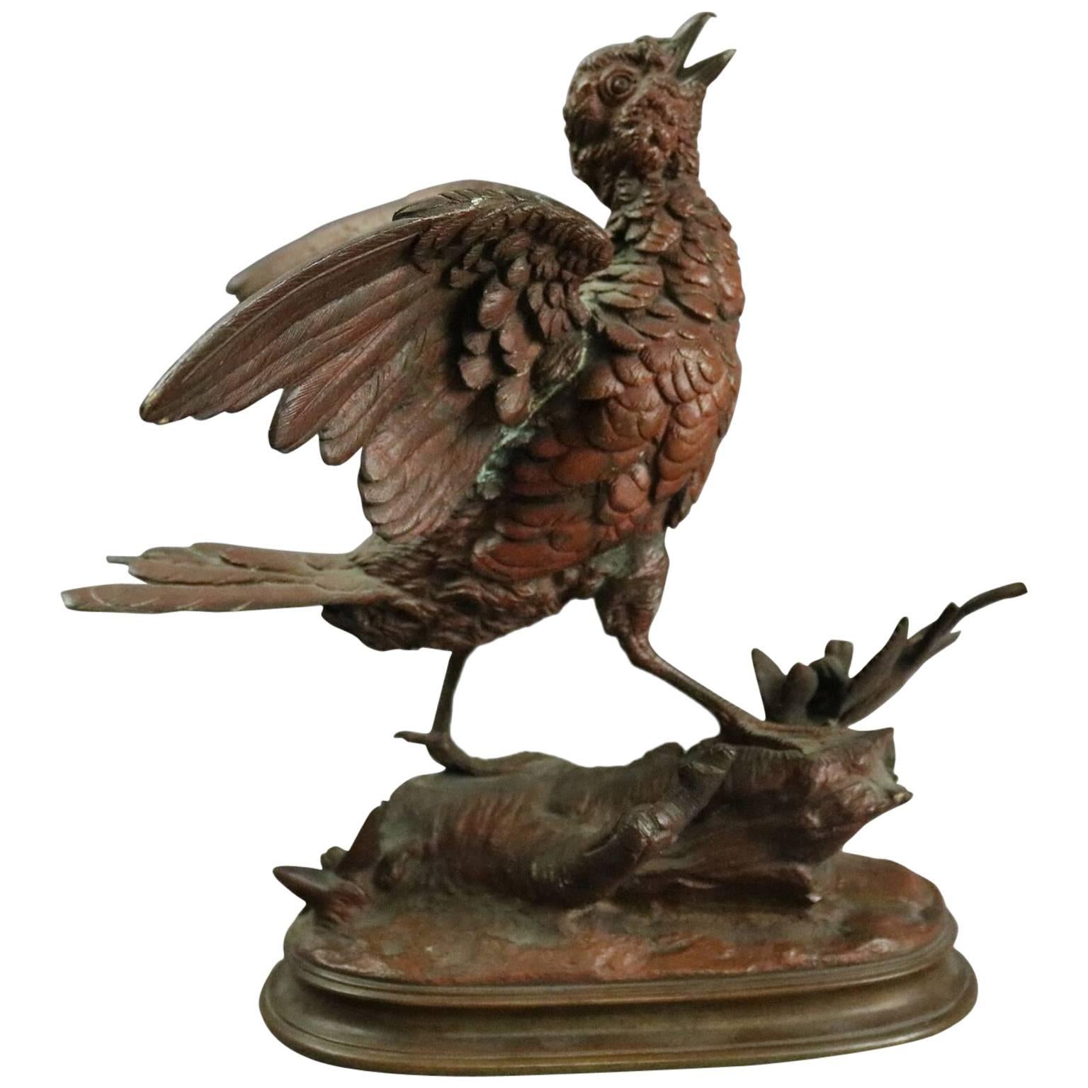 Antique French Bronze Song Bird Sculpture by E. Delabrierre, circa 1880