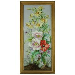 Antique Framed French Limoges Hand-Painted Tile, Floral, circa 1890