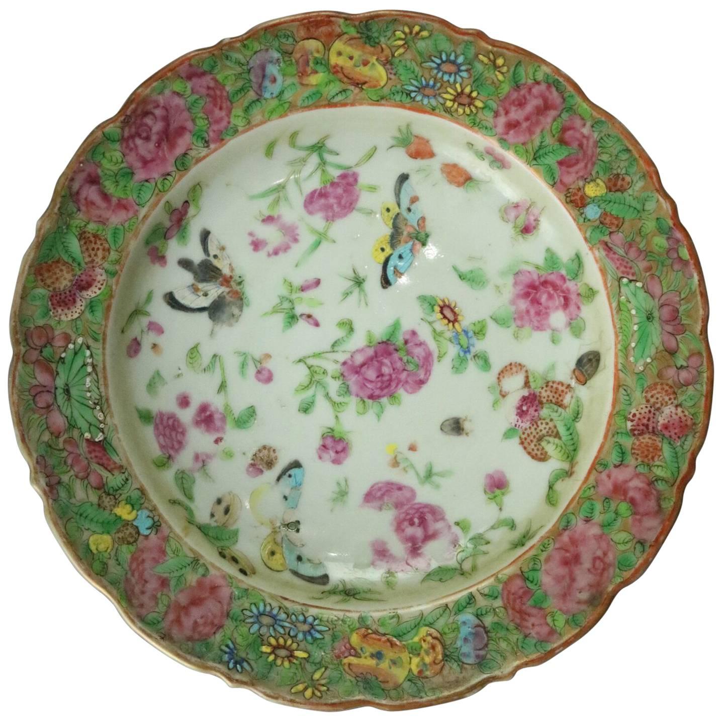 Chinese Famille Rose Porcelain Low Bowl, Floral with Butterflies, circa 1880