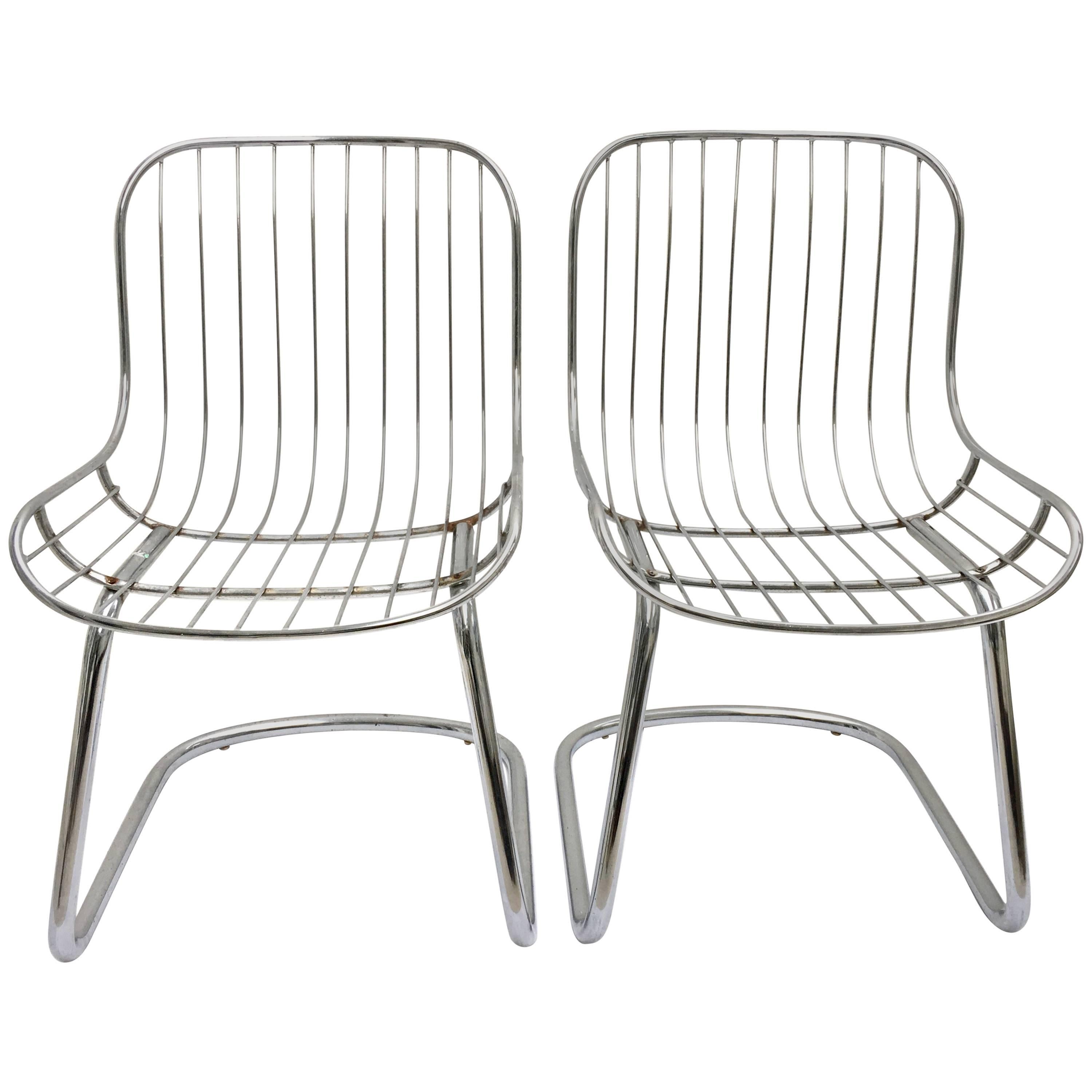 60'S Pair Of Italian Gastone Rinaldi Style Chrome Wire Cantilever Chairs For Sale