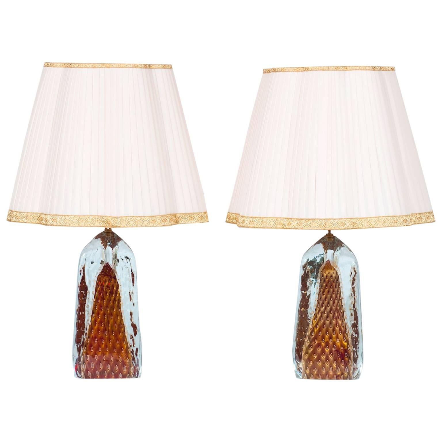Pair of Italian Table Lamps in Murano Glass Red with 24-Karat Gold handcrafted